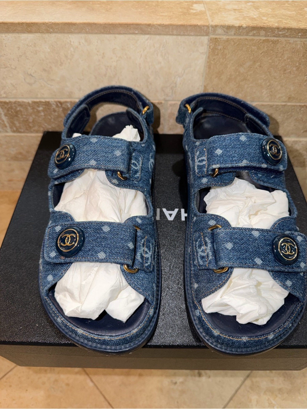 Chanel Logo Denim Blue Sandals with Logo Buttons